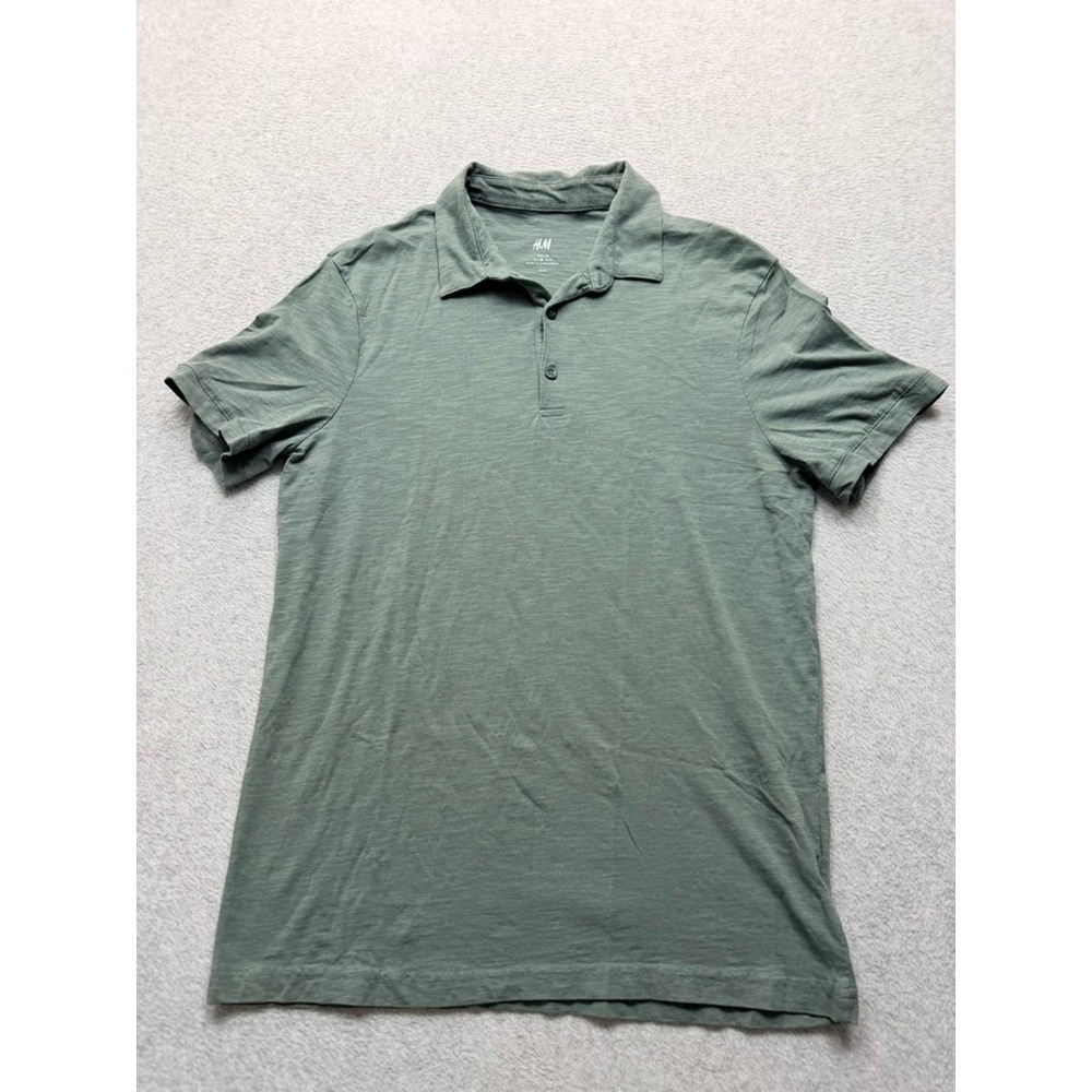 HM Mens Slim Fit Polo Shirt Sage Green Slub Jersey Short Sleeve Size M